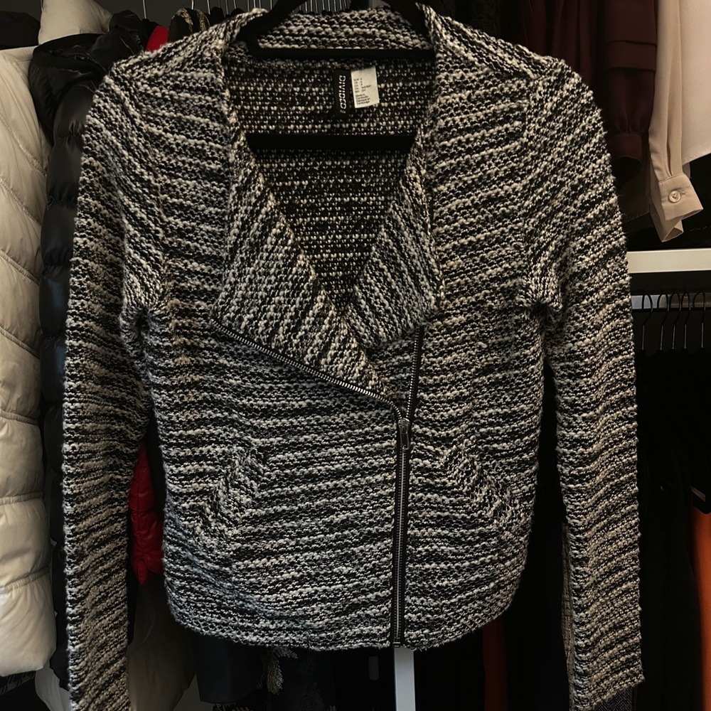 Black & White Tweed Style Zip Up Blazer Style Sweater